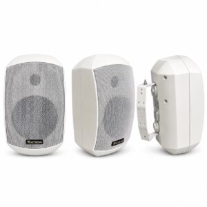 Haut-parleur Fidelity TUCSON TC-605 30W blanc, vues de face, de trois-quarts et de côté avec support mural
