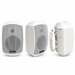 Haut-parleur Fidelity TUCSON TC-606 60W blanc, vues de face, de trois-quarts et de côté avec support mural